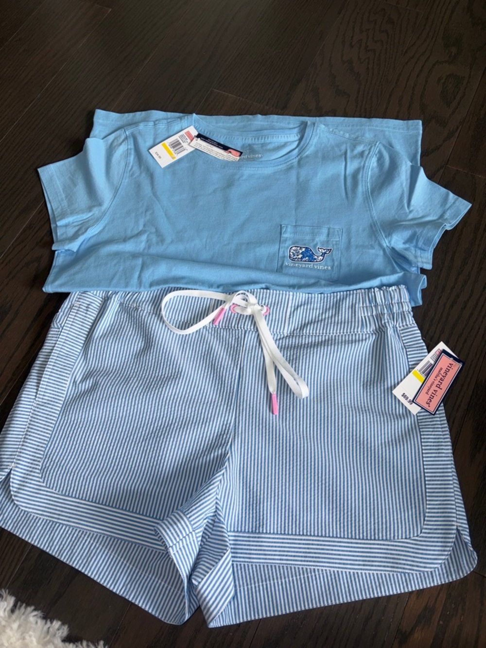 Vineyard Vines Light Blue Pocket Tee & Blue-White Striped Shorts Pajama Set
